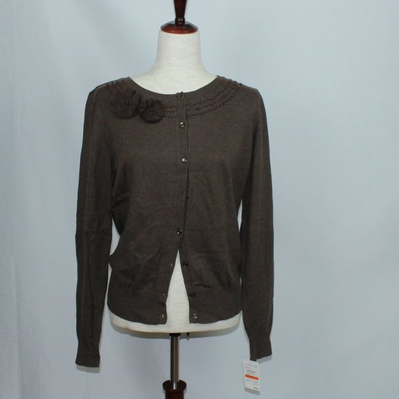 NWT Nordstrom Caslon Brown Cardigan Sweater w/Beadwork & Flowers at Neckline - Picture 1 of 3
